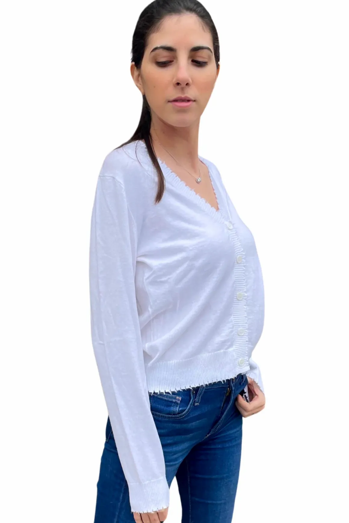 Minnie Rose Cotton Cashmere Frayed Cardigan