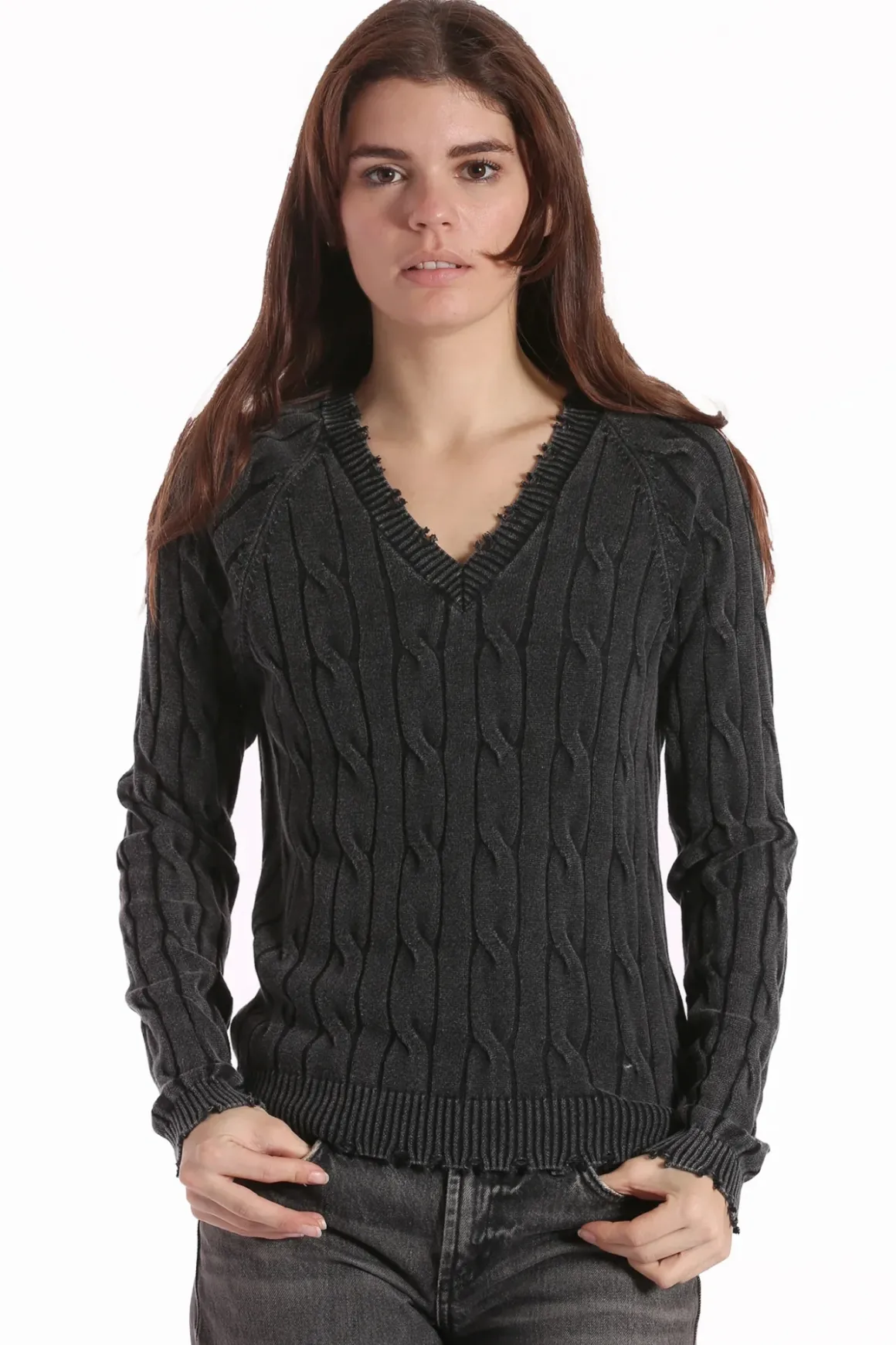 Minnie Rose Distressed Cable V-Neck *FINAL SALE*