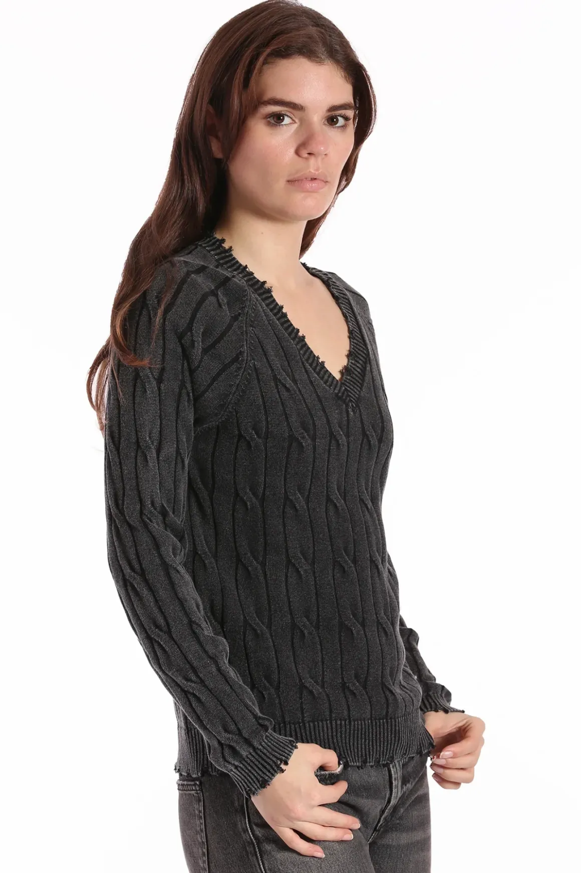 Minnie Rose Distressed Cable V-Neck *FINAL SALE*
