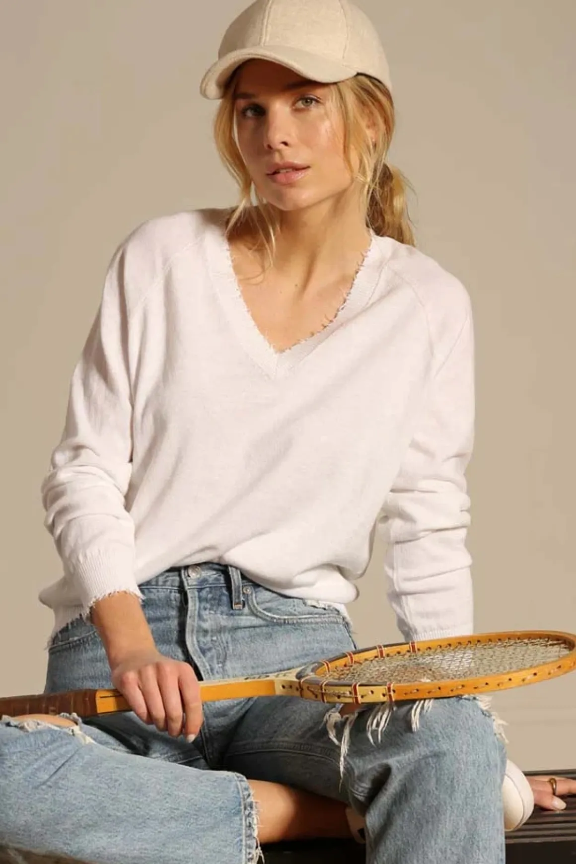 Minnie Rose Frayed Edge V-Neck