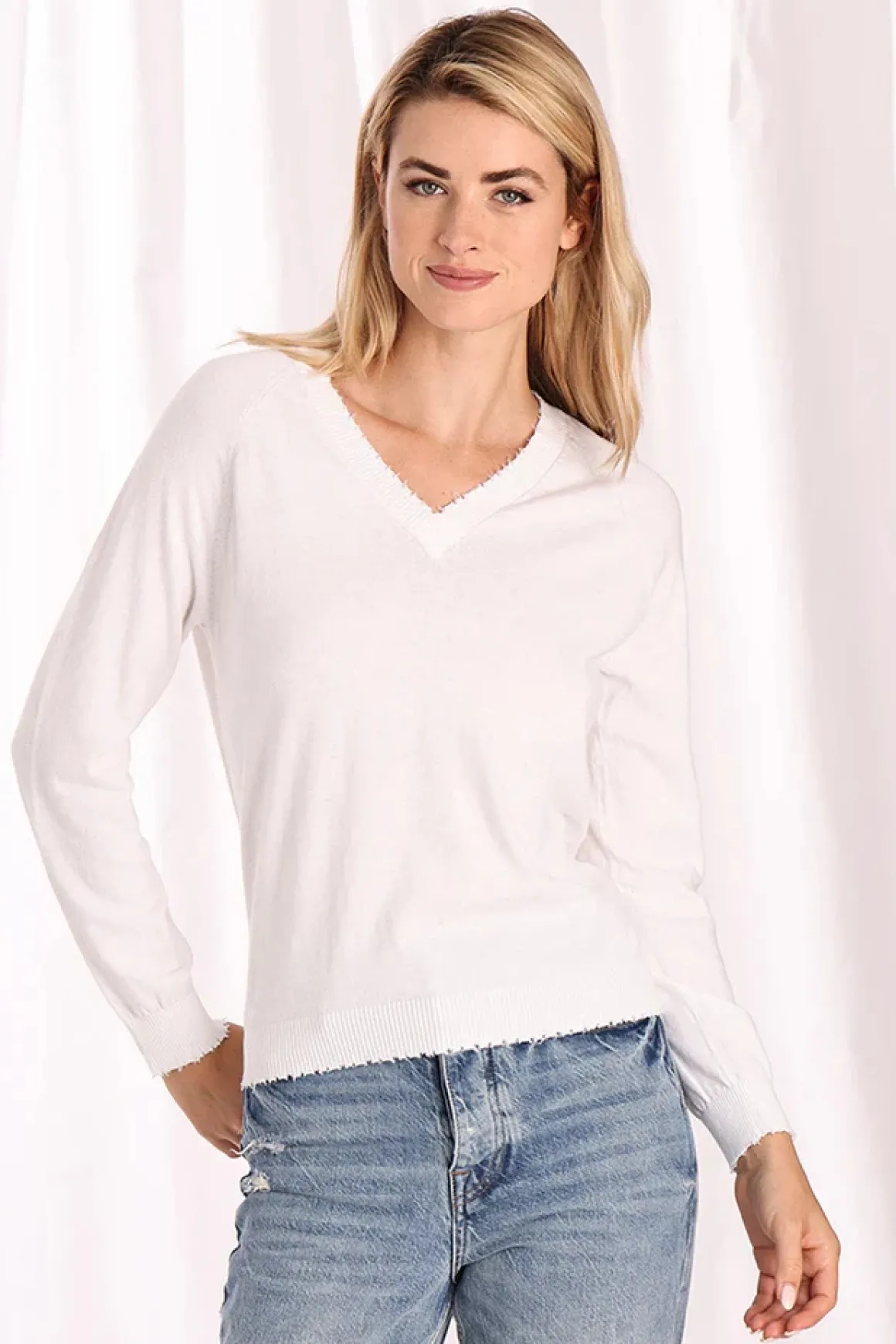 Minnie Rose Frayed Edge V-Neck