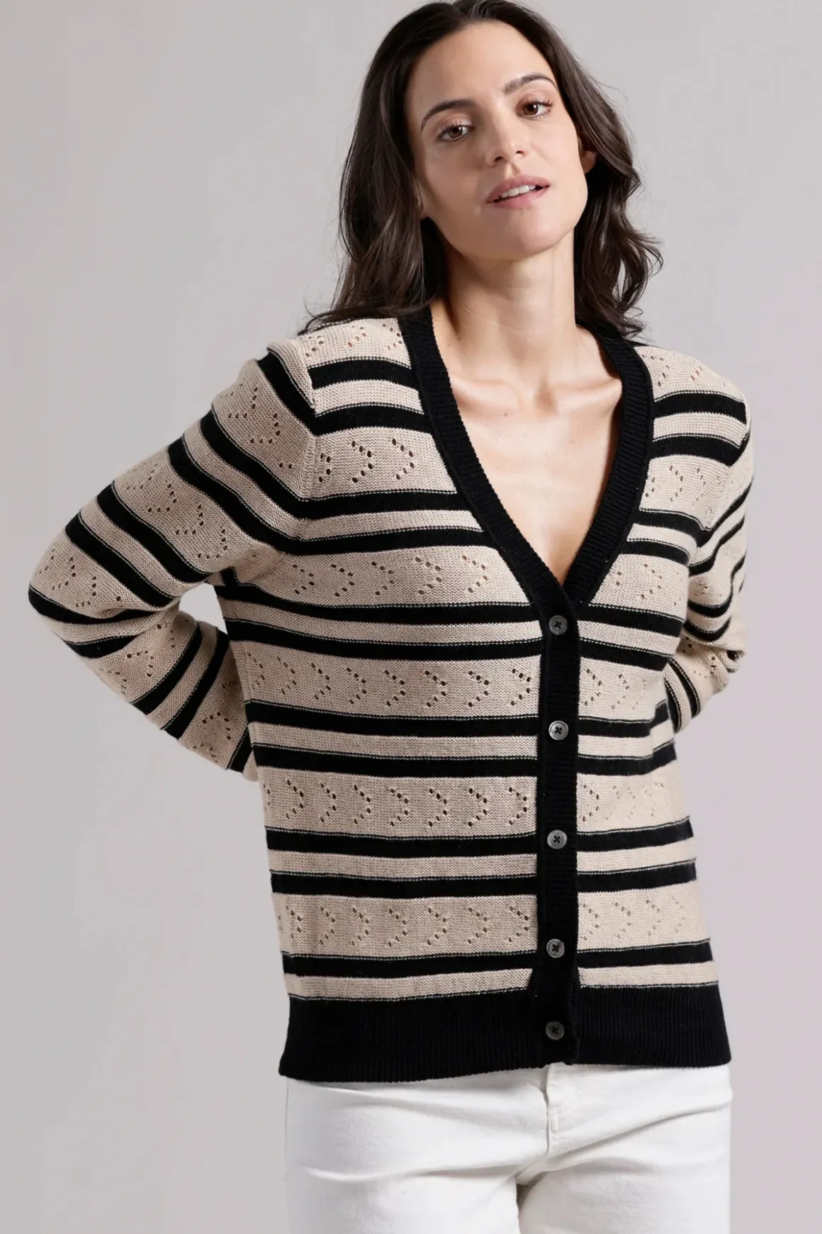 Minnie Rose Striped Pointelle Cardigan