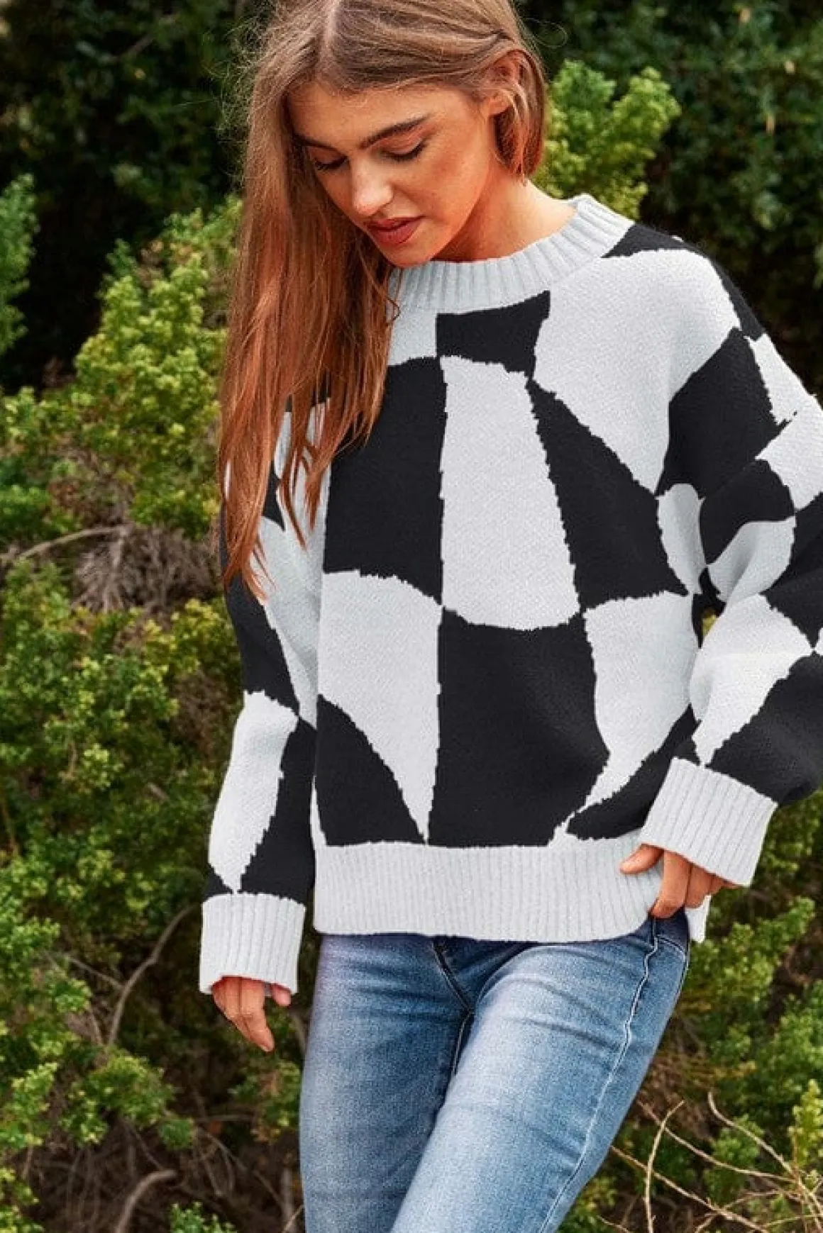 Multi Geo Checker Pullover Knit Sweater Top *Online Only*