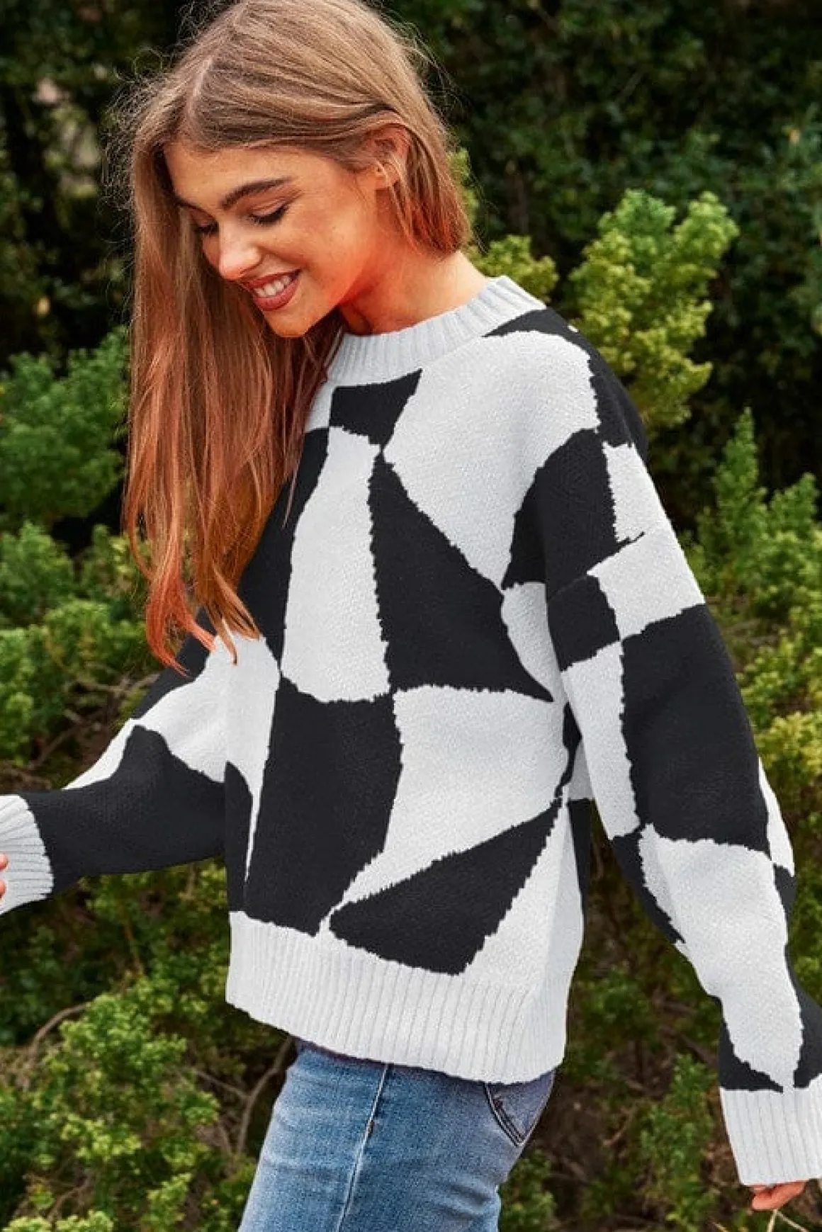 Multi Geo Checker Pullover Knit Sweater Top *Online Only*