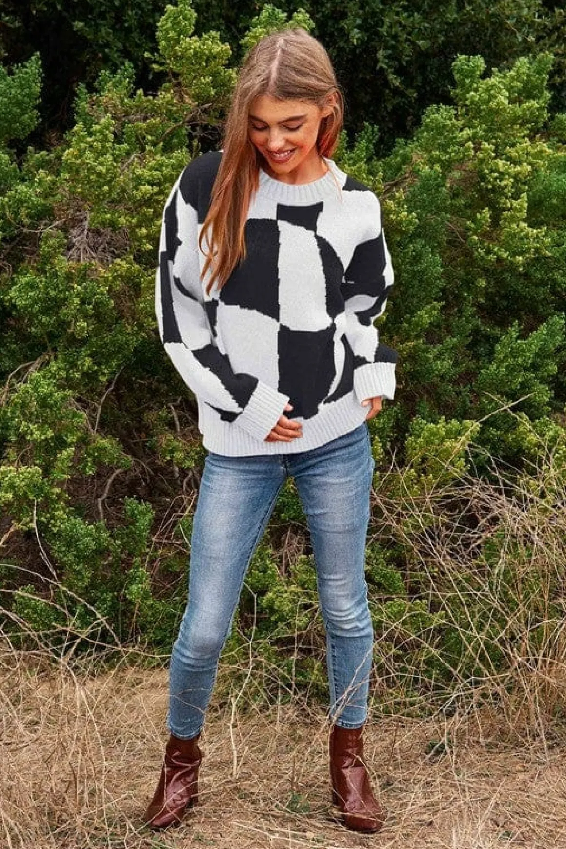 multi_geo_checker_pullove_2.webp Multi Geo Checker Pullover Knit Sweater Top *Online Only*