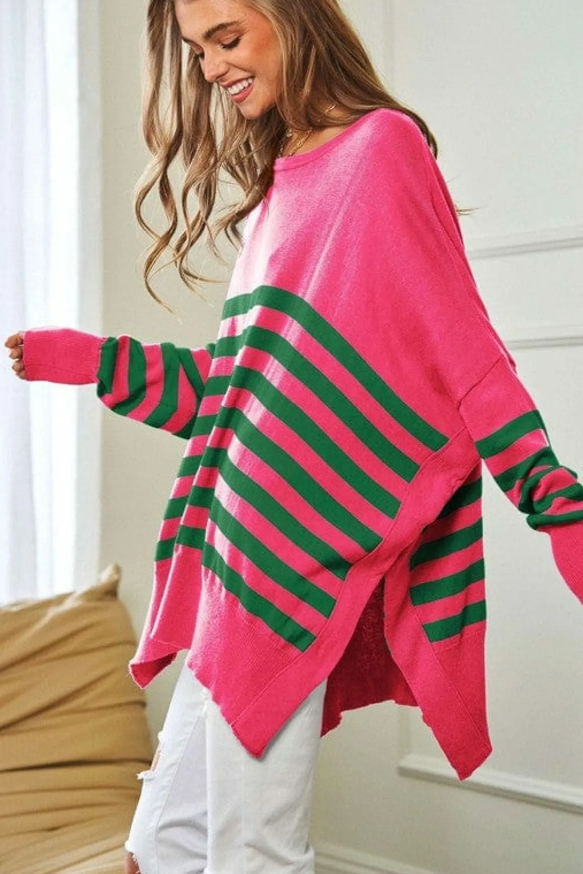 Multi Striped Elbow Patch Loose Fit Sweater Top *Online Only*