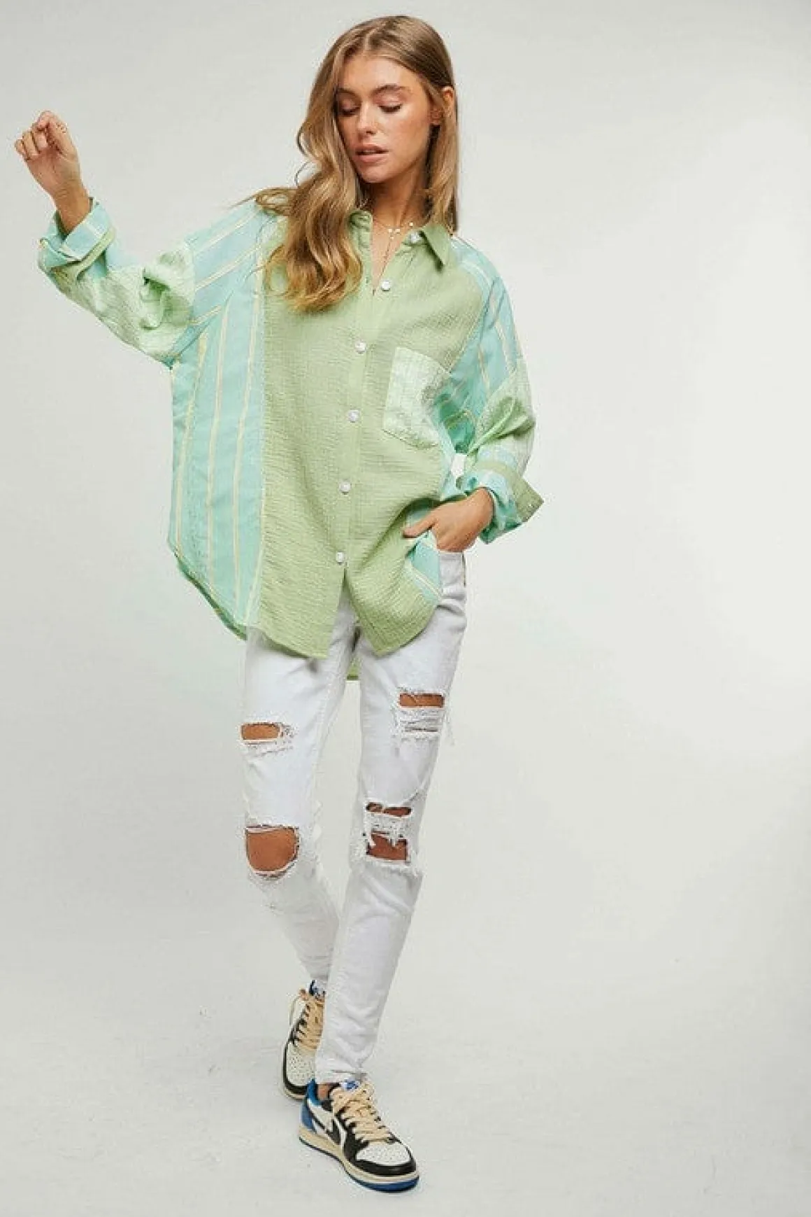 plaid_stripe_shirt_top_on_4.webp Plaid Stripe Shirt Top *Online Only*