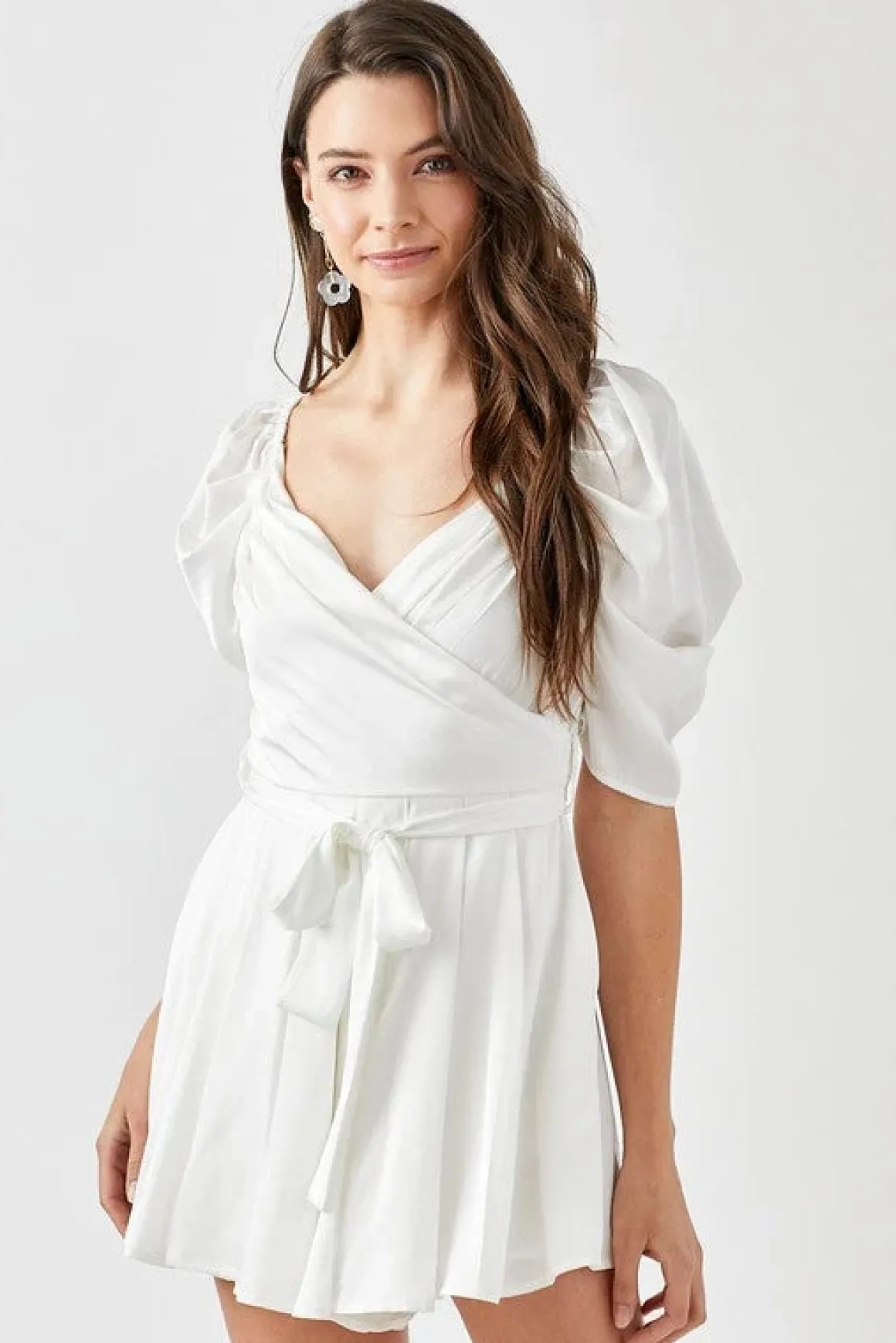 Pleated Puff Sleeve Overwrap Romper *Online Only*