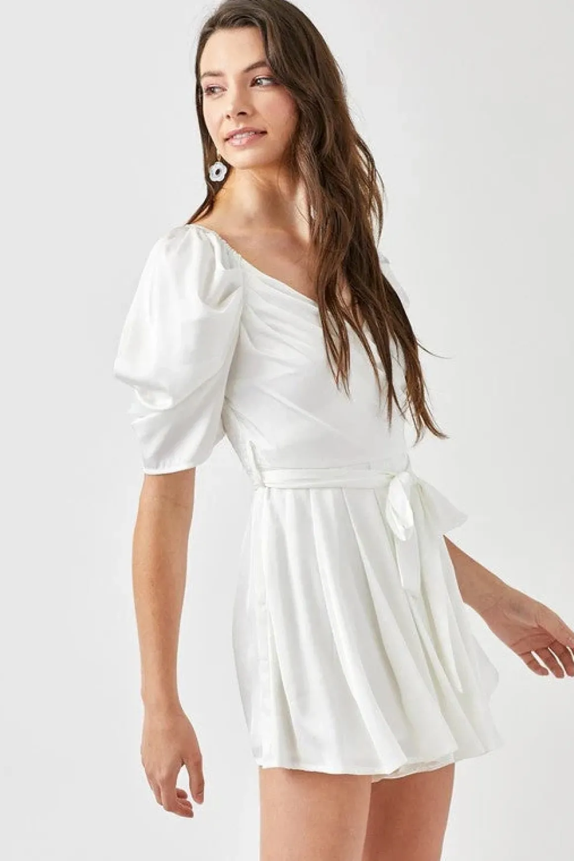 Pleated Puff Sleeve Overwrap Romper  *Online Only*