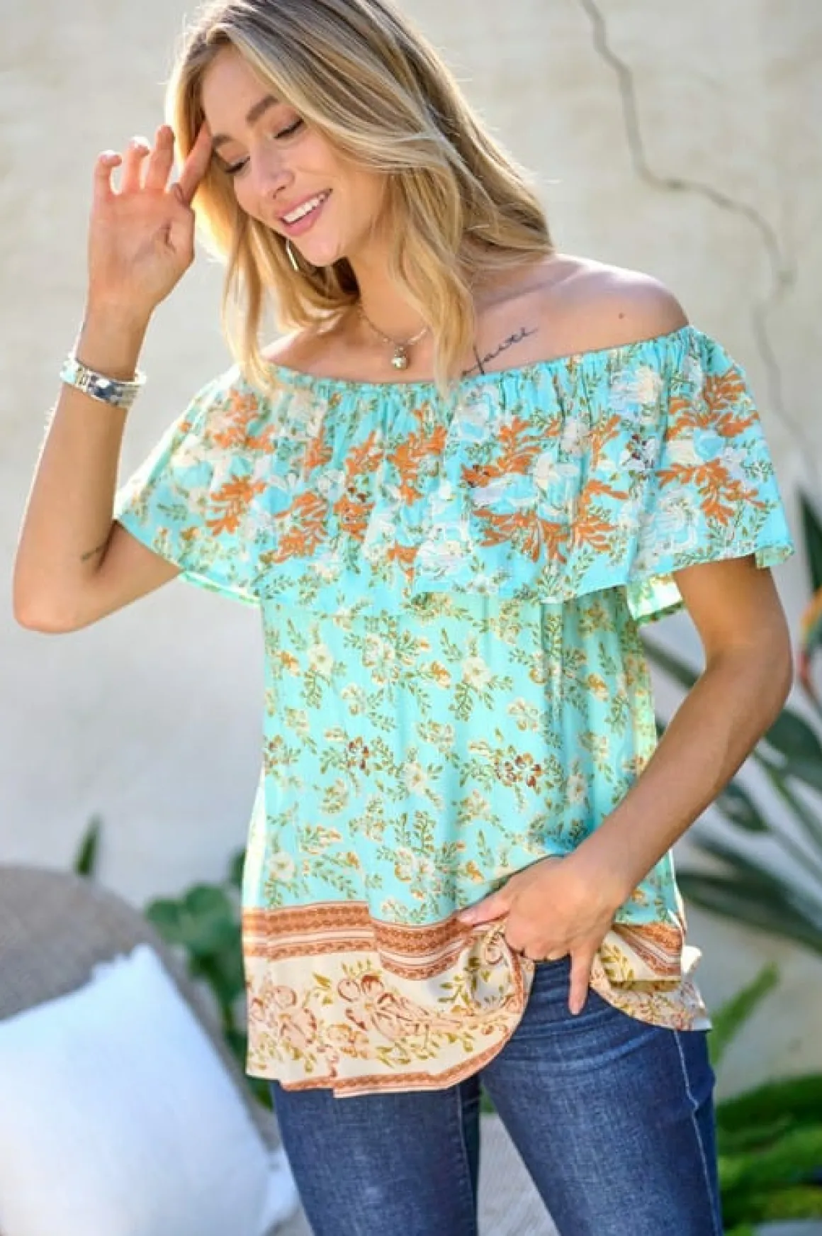 Printed Off Shoulder Smocked Top *Online Only*
