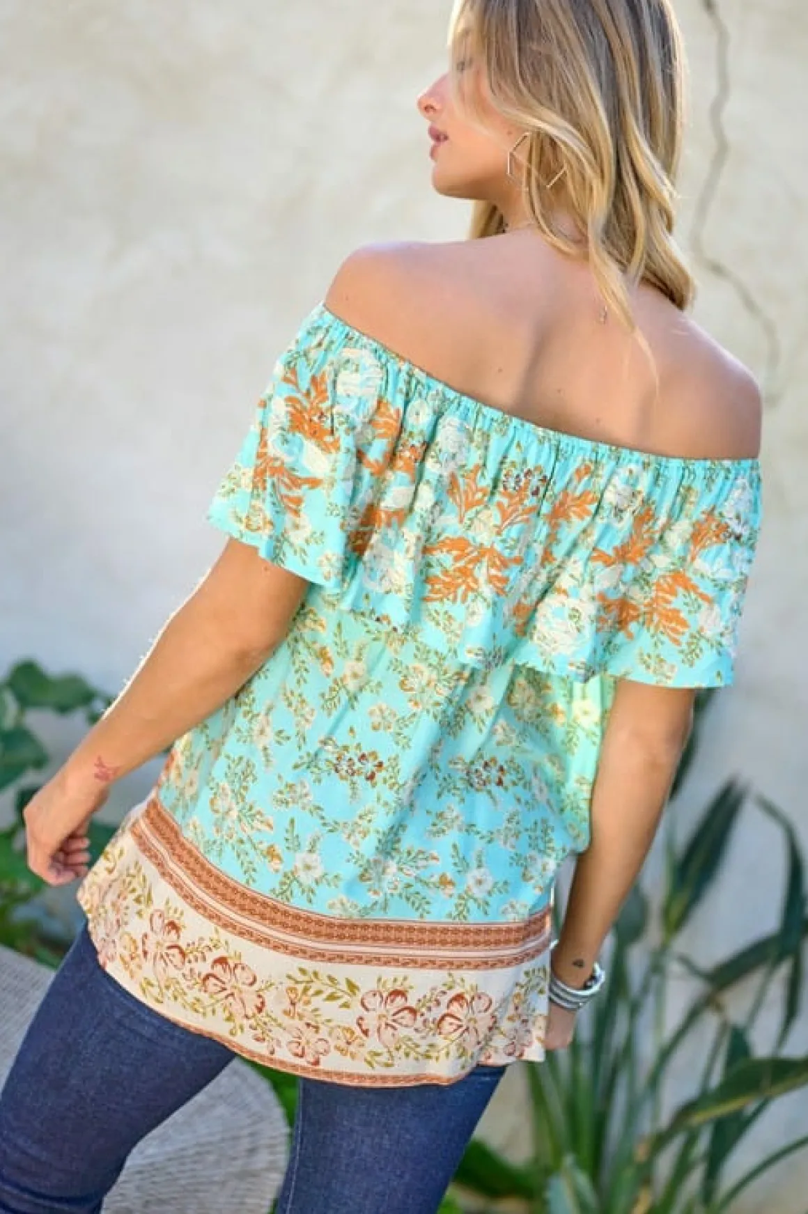 Printed Off Shoulder Smocked Top *Online Only*