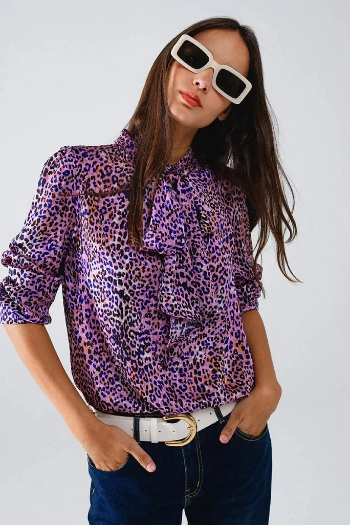 Q2 Tie Neck Animal Print Blouse