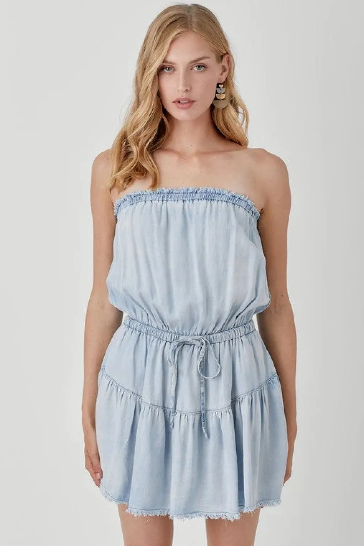 Raw Edge Detail Denim Tube Mini Dress  *Online Only*