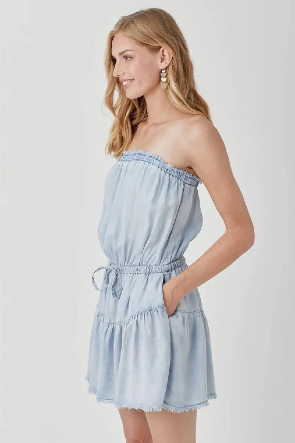 raw_edge_detail_denim_tub_2.webp Raw Edge Detail Denim Tube Mini Dress *Online Only*