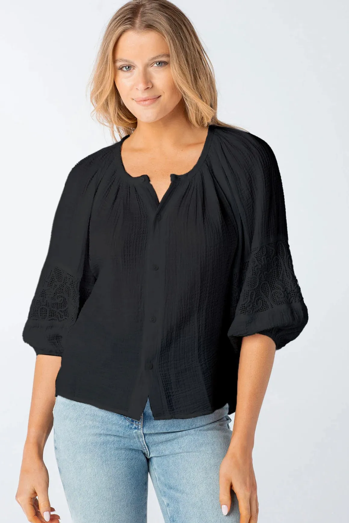 Red Haute Button Down Crochet Puff Sleeve