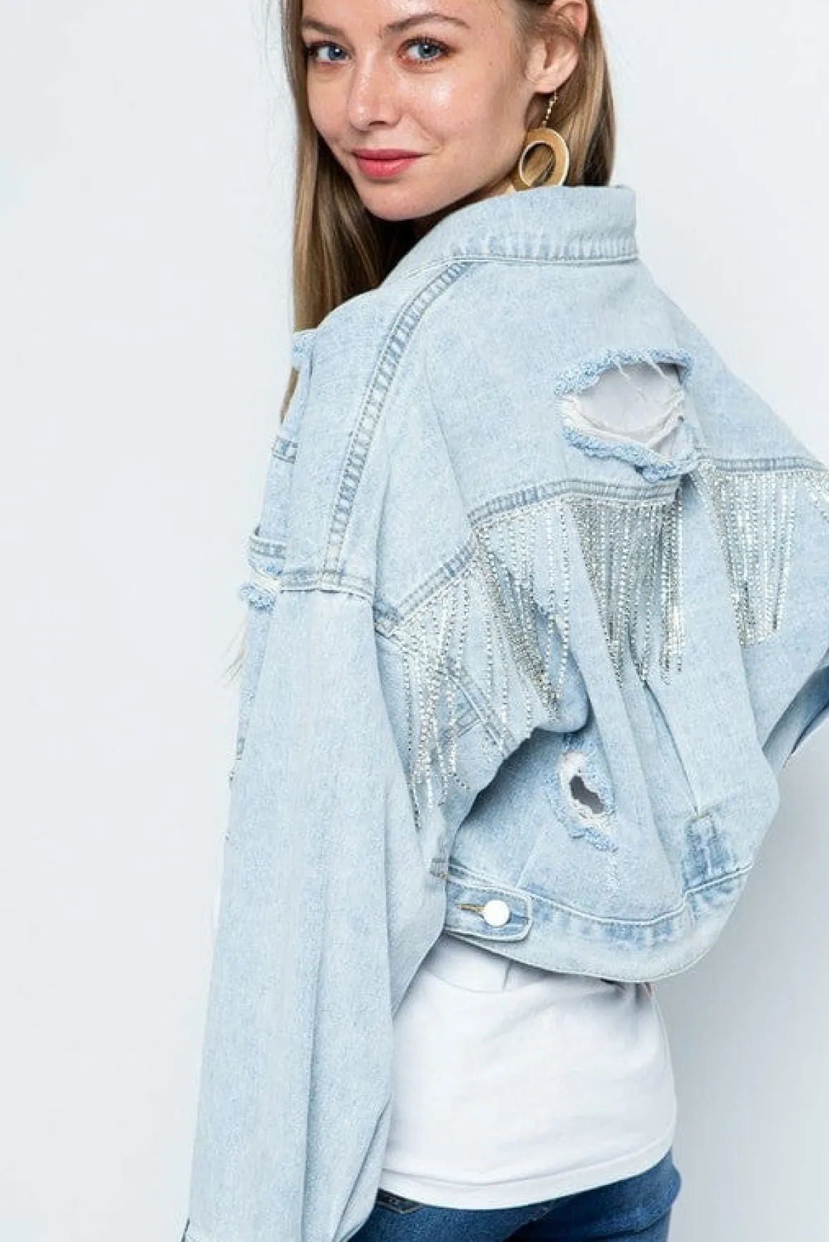 Rhinestone Fringe Distressed Denim Jacket *Online Only*