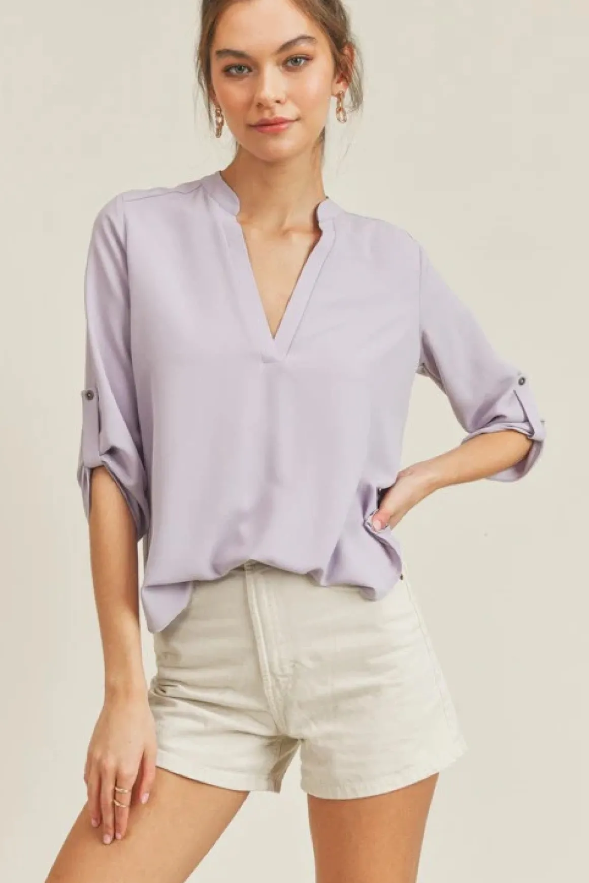 Roll Up Sleeve V Neck Top *Online Only*