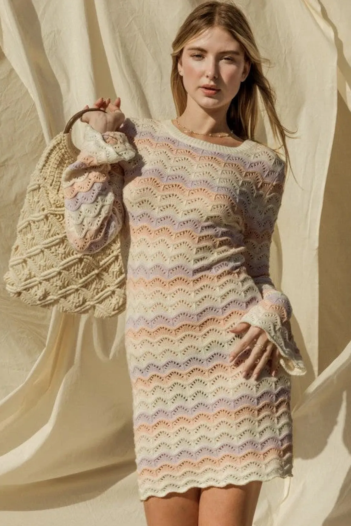 Round Neck Bell Sleeve Sweater Dress  *Online Only*