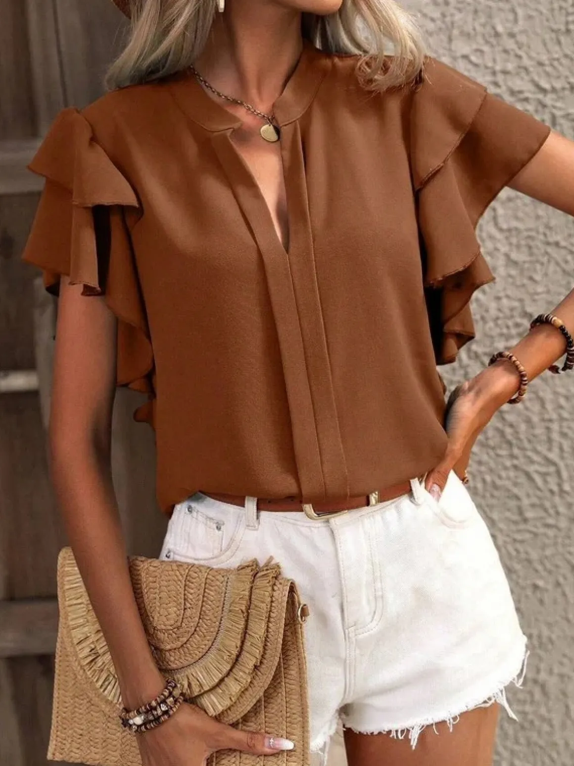Ruffle Sleeve V-Neck Blouse *Online Only*