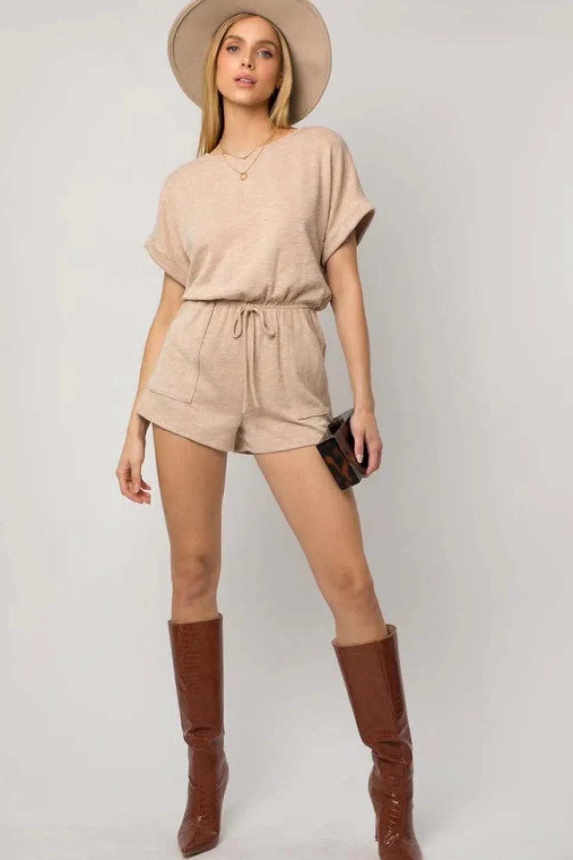 Short Roll-Up Sleeve Elastic Waist Romper * Online Only*