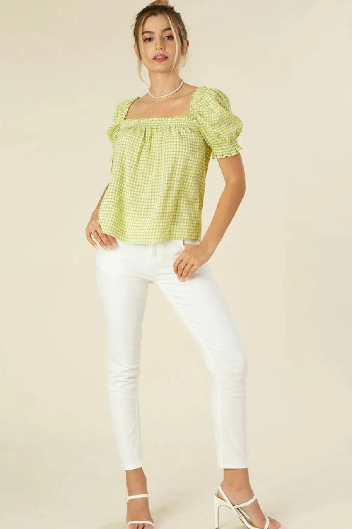 Smocked blouse with puff sleeve