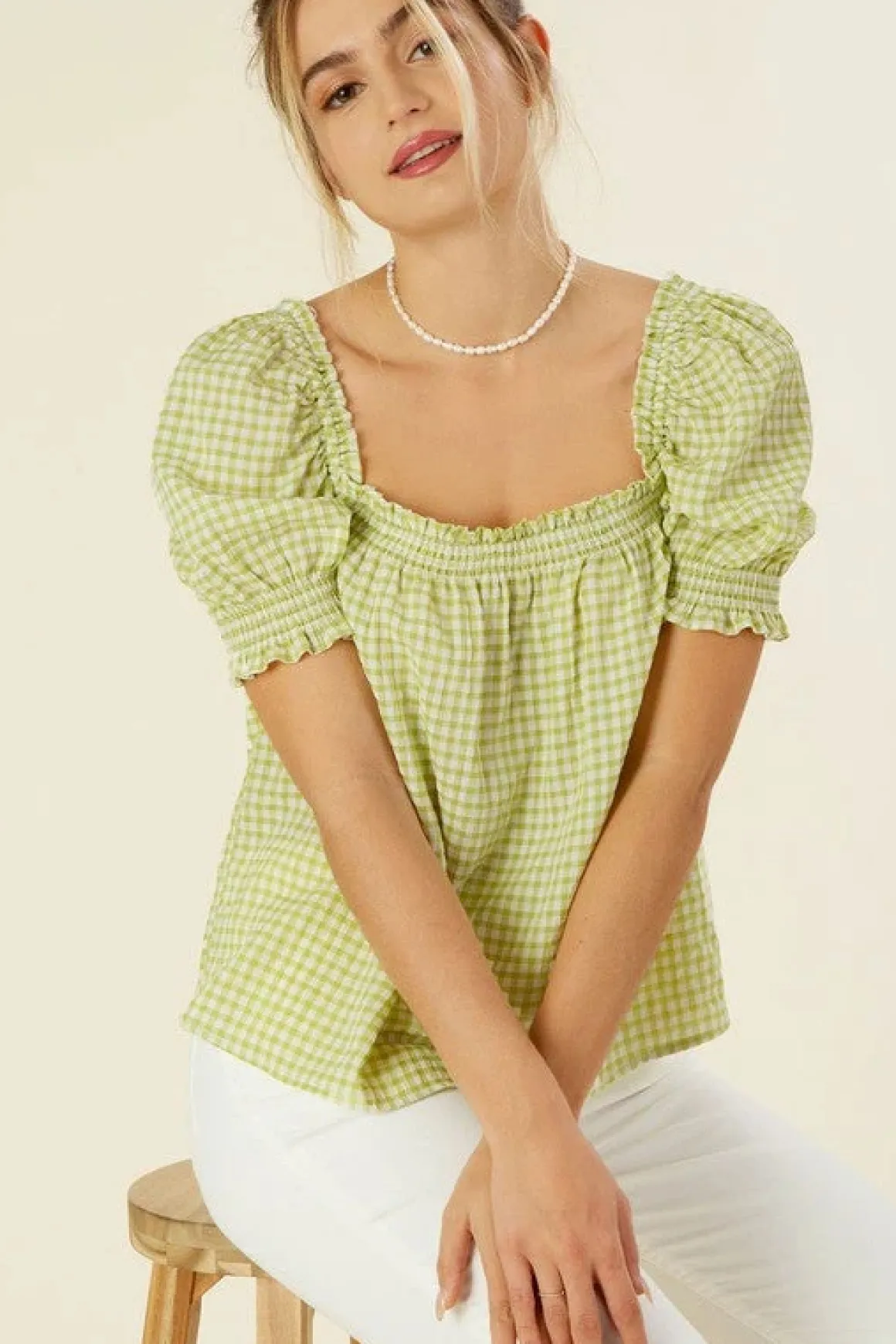 Smocked blouse with puff sleeve