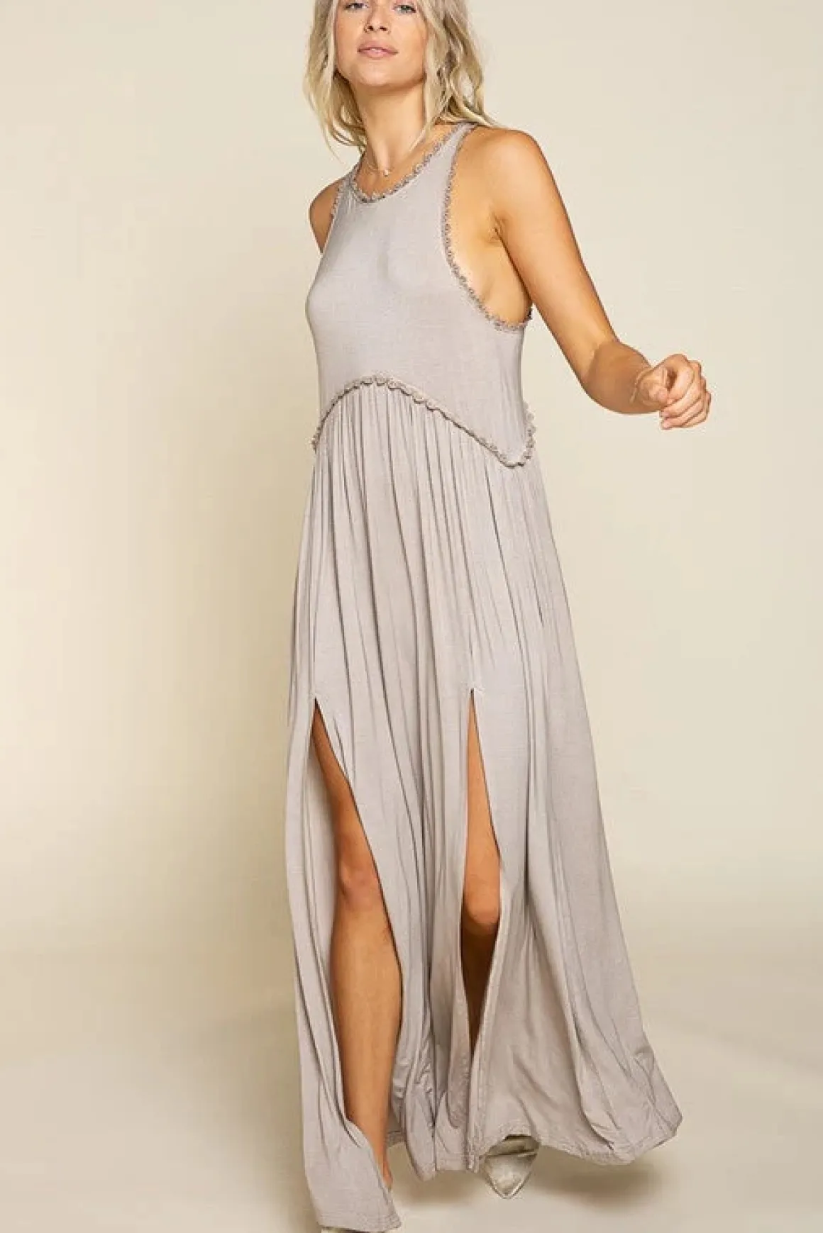 Stone Washed Side Slit Cut Out Maxi Dress *Online Only*