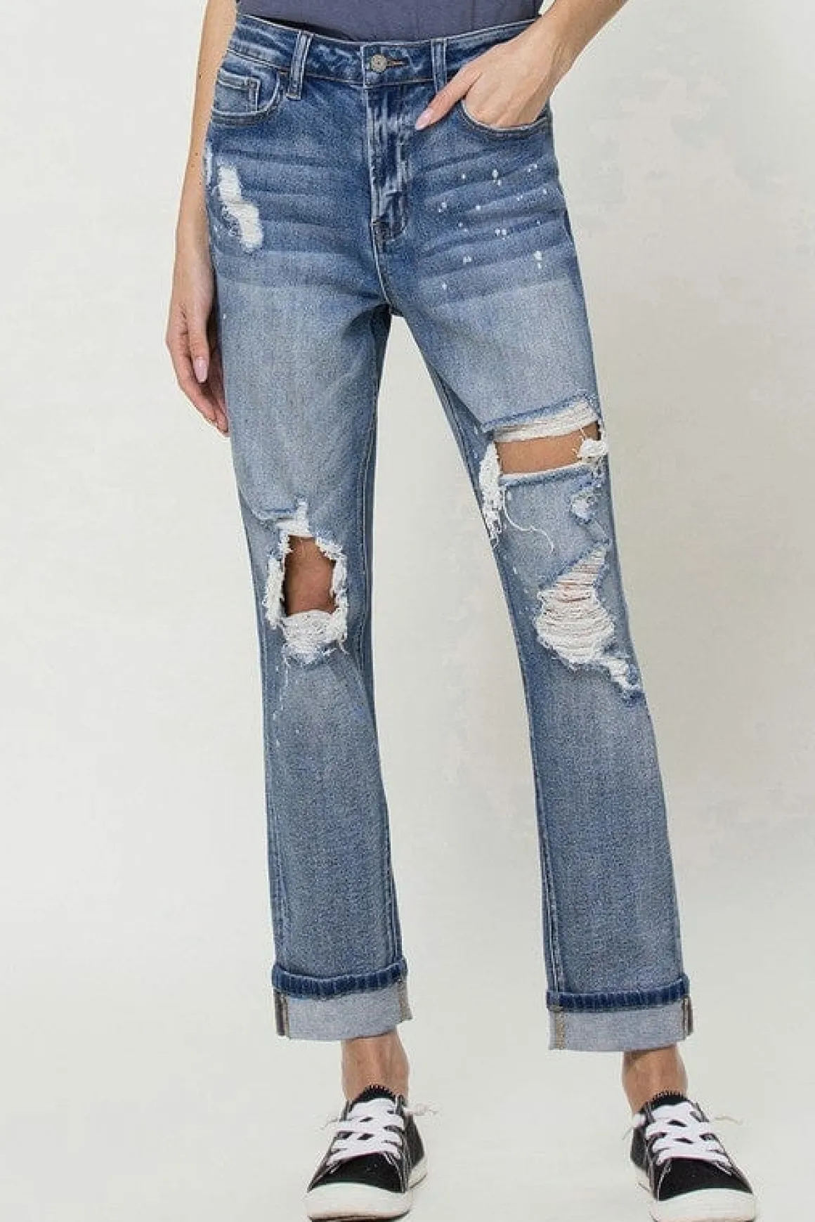 Stretch Mom Jeans w/ Spatter Detail and Cuff *Online Only*