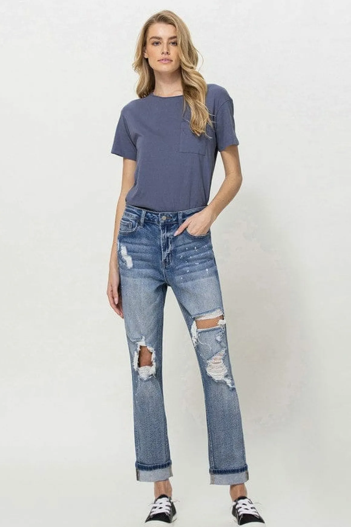 stretch_mom_jeans_w_spatt_2.webp Stretch Mom Jeans w/ Spatter Detail and Cuff *Online Only*