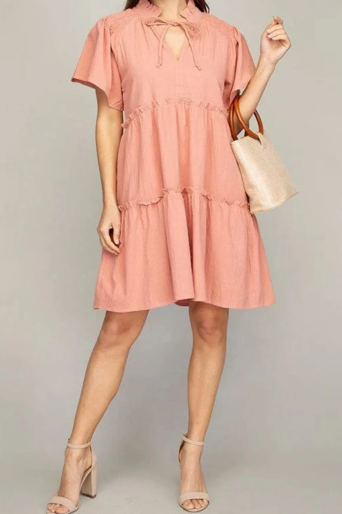Tiered mini dress with tie *Online Only*