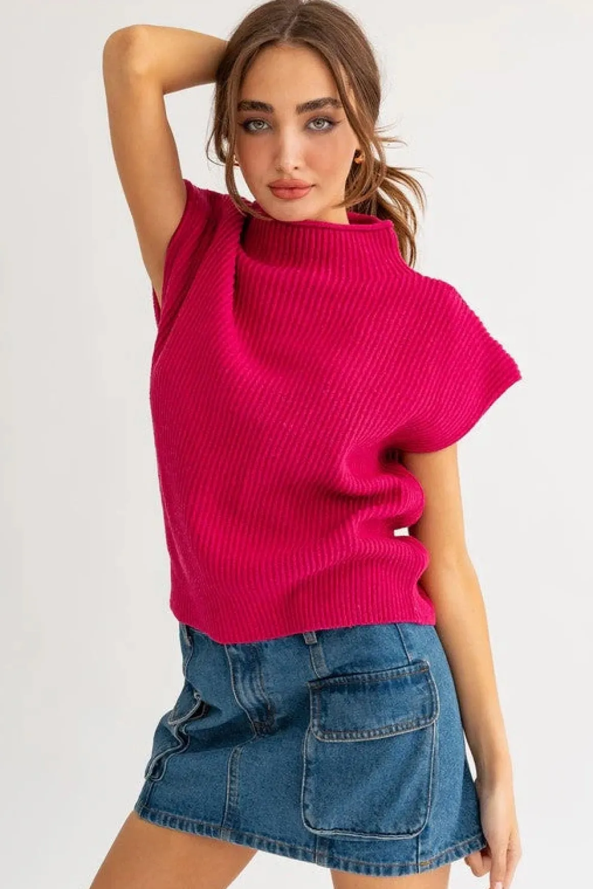 Turtle Neck Power Shoulder Sweater Vest   *Online Only*