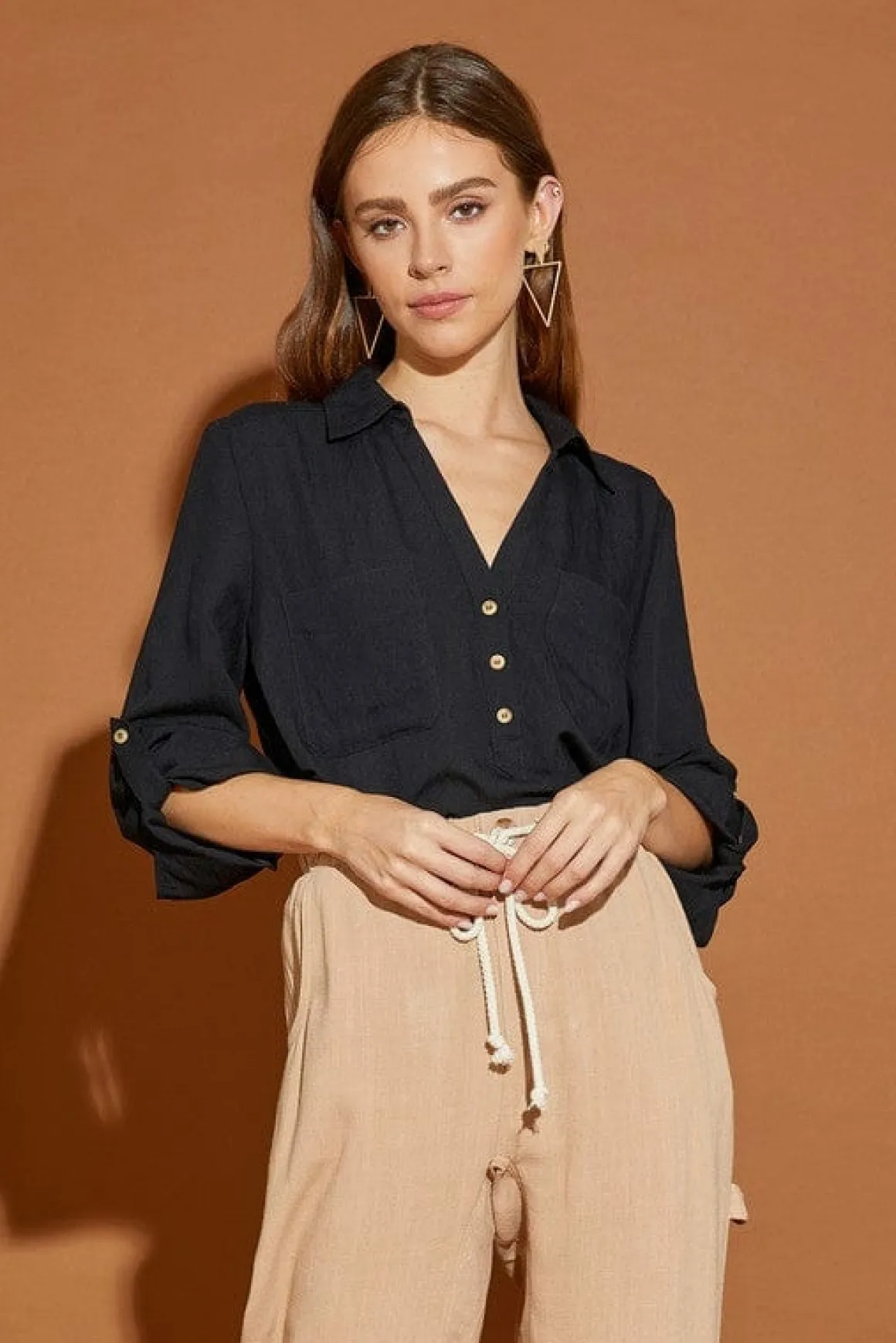 V Neck Button Down Henley Shirt  *Online Only*